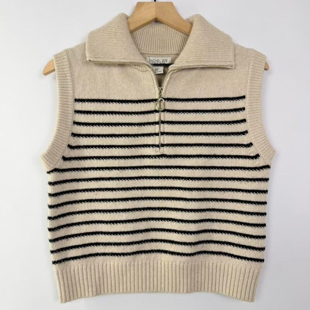 Rachel Zoe Striped Sweater Vest Cream Black Quarter Zip Knit Preppy - Picture 2 of 7